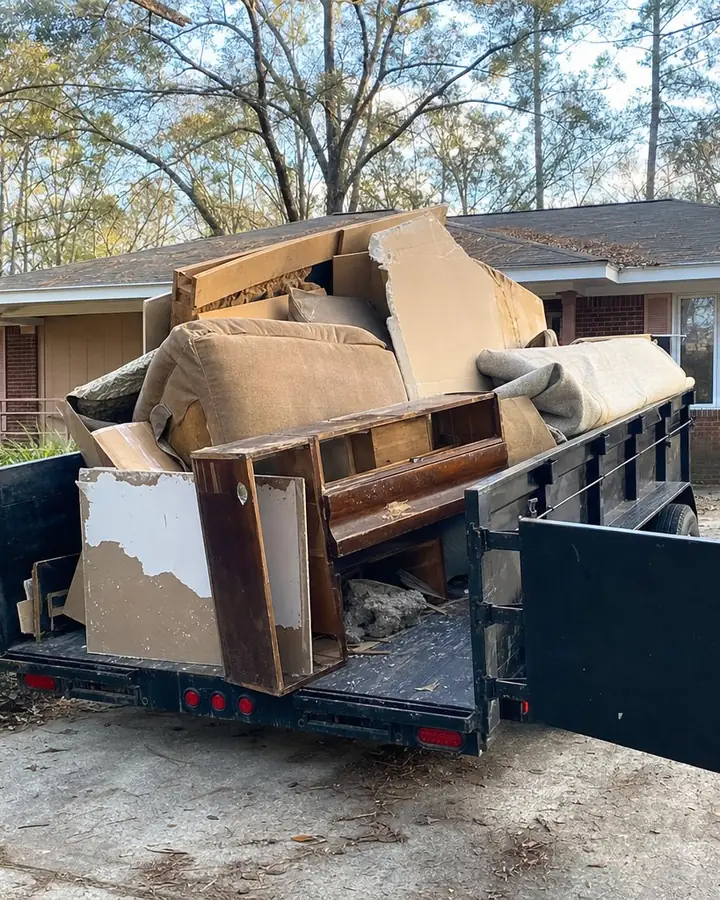 A black open trailer loaded with an old sofa, a dresser, boxes and drywall scraps in the driveway of a brick ranch house